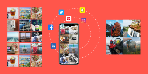 icons of social media platforms and photos from them