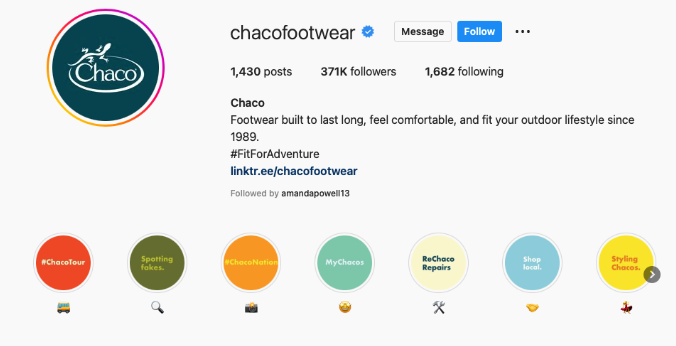 Chaco displays #FitForAdventure on their Instagram Bio 