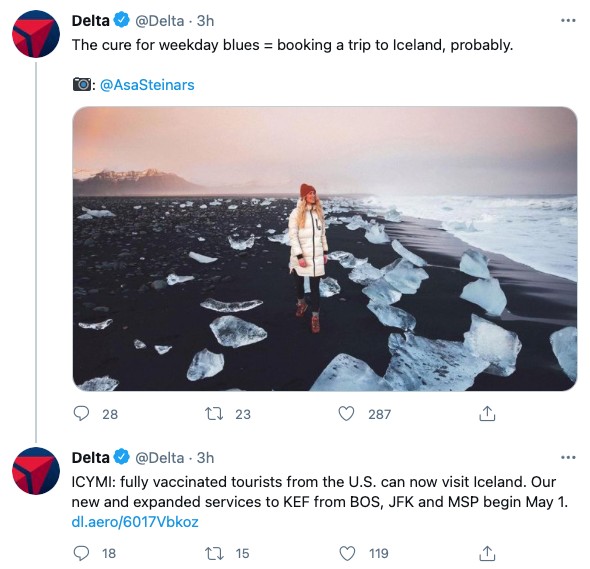Delta tweeted a photo by @AsaSteinars in Iceland and followed up with updates and services related to Iceland. 