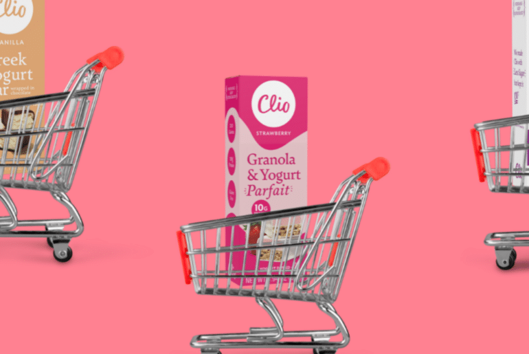 Grocery carts with Clio Snacks products