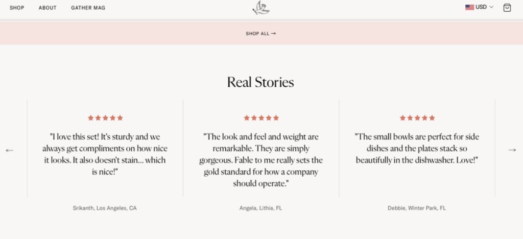 Fable Home resharing 3 testimonials on their homepage - "I love this set..." "The look and feel and weight are remarkable..." "The small bowls are perfect for side dishes... love!"
