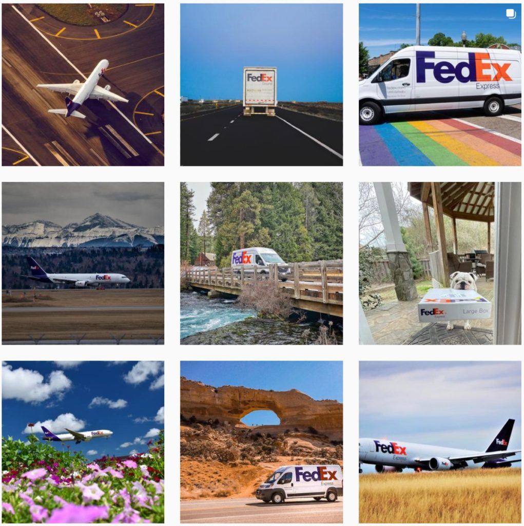 FedEx shows plans, trucks, and packages with their brand on it – across the world. 