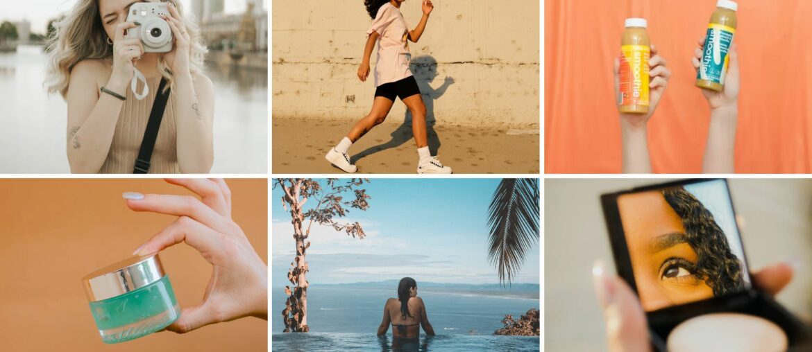 Six images featuring user-generated content across different industries – a woman swimming, a woman checking her make-up in the mirror, hands holding smoothies, a woman taking a photo, a hand holding a cream, and a woman walking as she shows off her sneakers.