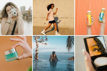 Six images featuring user-generated content across different industries – a woman swimming, a woman checking her make-up in the mirror, hands holding smoothies, a woman taking a photo, a hand holding a cream, and a woman walking as she shows off her sneakers.