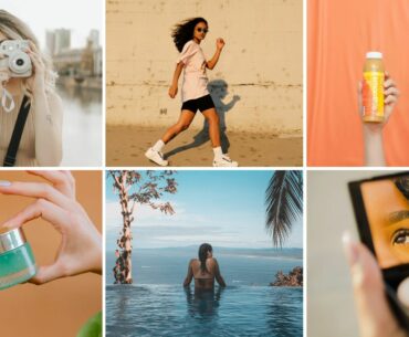 Six images featuring user-generated content across different industries – a woman swimming, a woman checking her make-up in the mirror, hands holding smoothies, a woman taking a photo, a hand holding a cream, and a woman walking as she shows off her sneakers.