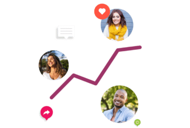 Upward trend line with consumer advocates and sharing icons