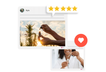 Two symbolic images of reviews for perfume or skincare products with sharing and review icons