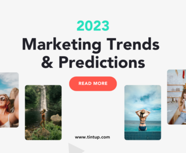 2023 Marketing Trends and Predictions - four lifestyle images. A woman taking a selfie, a woman standing by a waterfall, a woman facing the ocean, a woman eating dessert