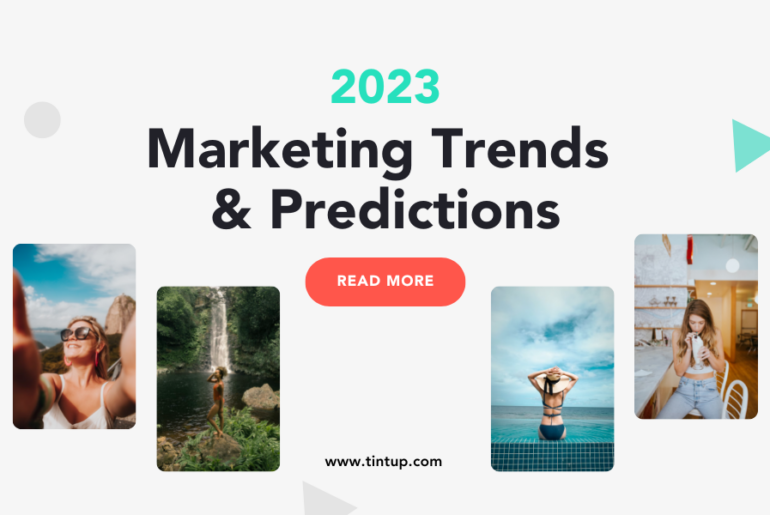 Marketing Trends and Predictions for 2023 2023 Marketing Trends and Predictions - four lifestyle images. A woman taking a selfie, a woman standing by a waterfall, a woman facing the ocean, a woman eating dessert