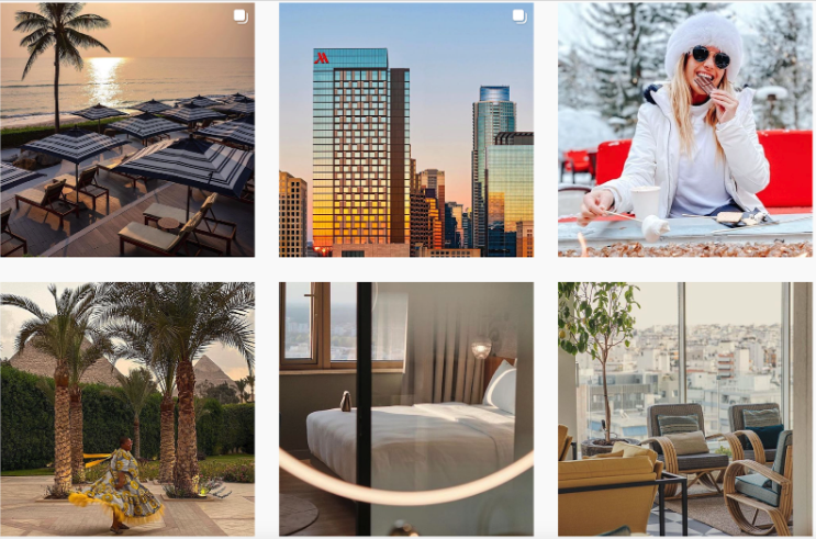A grid of UGC Marriott is using across social media – shots of the hotel, influencers. 