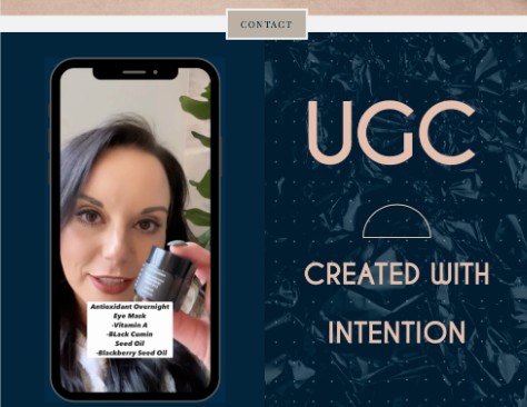Mindy Thomas showing a product video on the left with "UGC created with intention" on the right 