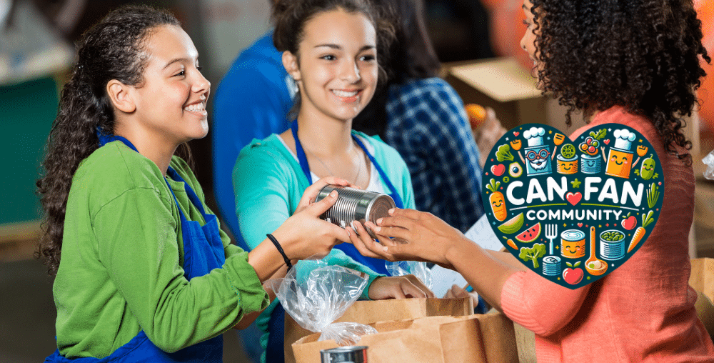 Women handing canned food to one another with Can Fan Community Logo overlay