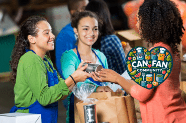 Women handing canned food to one another with Can Fan Community Logo overlay