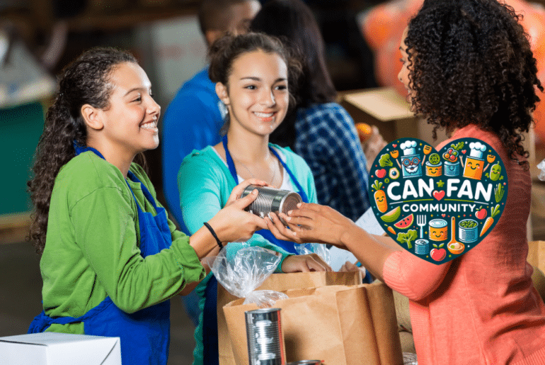 Women handing canned food to one another with Can Fan Community Logo overlay