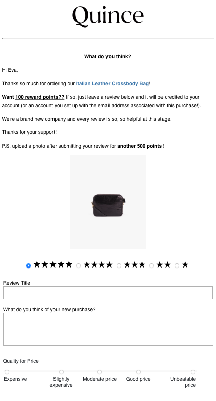 Quince thank you email asking for reviews in exchange for points.