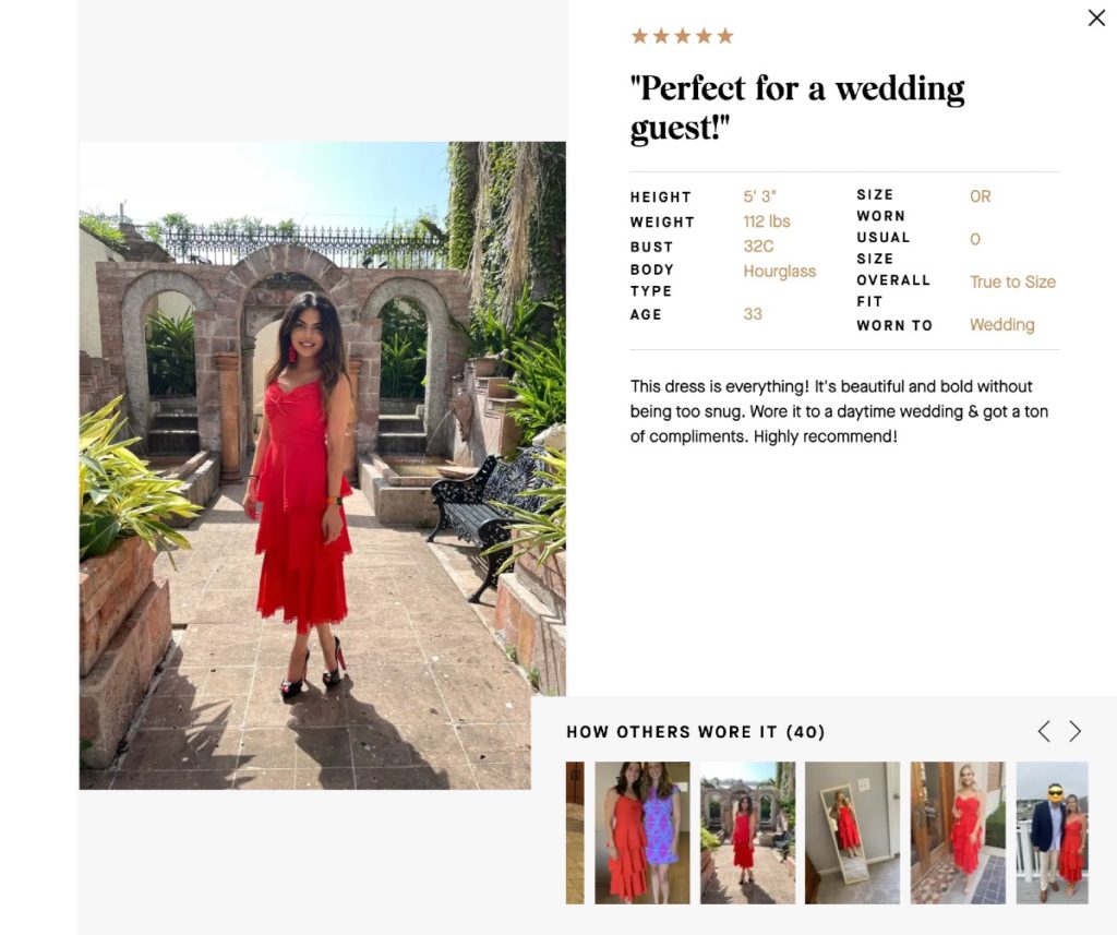 A UGC review on Rent the Runway's website, showing a woman in a red dress on the left and on the right, sh shared her review along with height, weight, bust, body type, age, size, overall fit, and event it was worn to. 