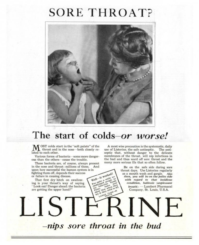 history of advertising: an old Listerine ad that "nips sore throat in the bud" 
