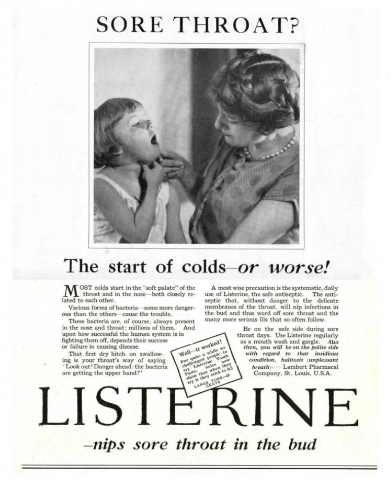 history of advertising: an old Listerine ad that "nips sore throat in the bud"