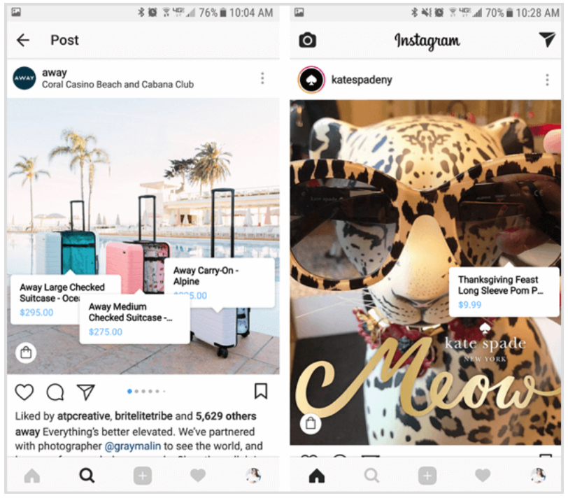 history of advertising: in 2020, brands started advertising on social media. This image shows how Away and Kate Spade upload photos to Instagram and makes them instantly shoppable. 