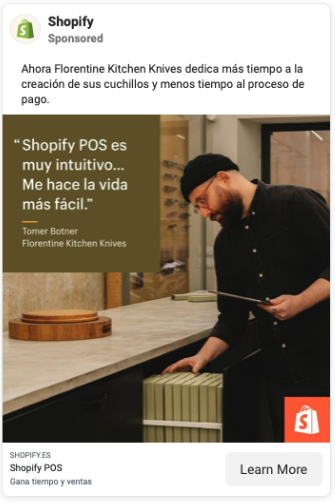 A sponsored Shopify post with a photo of man holding a kitchen knife. The image has a testimonial overlay (in Spanish). 