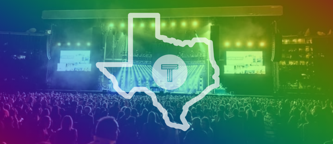 Festival crowd with rainbow overlay and state of Texas outline