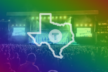 Festival crowd with rainbow overlay and state of Texas outline