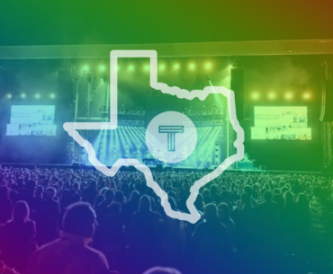 Festival crowd with rainbow overlay and state of Texas outline