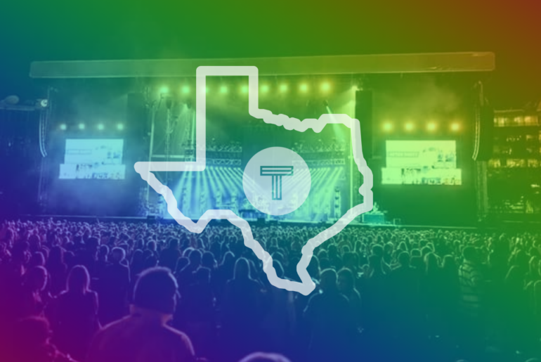 Festival crowd with rainbow overlay and state of Texas outline