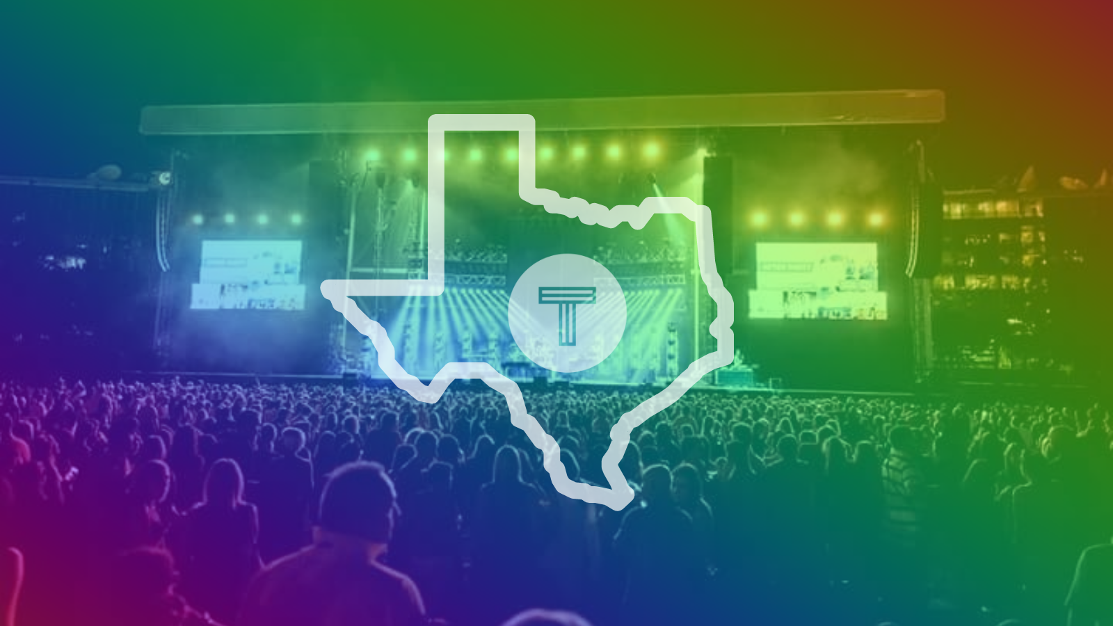 Festival crowd with rainbow overlay and state of Texas outline