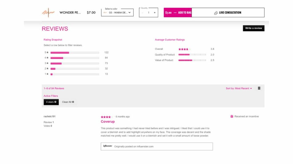 NYX Cosmetics displaying ratings and reviews under each product 