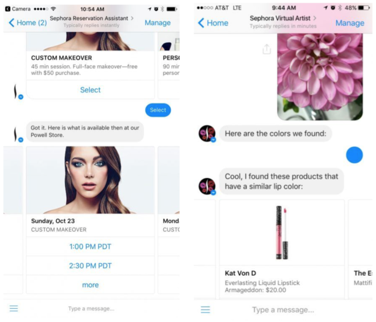 Screen shots of Sephora chatbot interactions