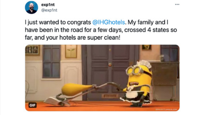 UGC Tweet complimenting cleanliness of hotel