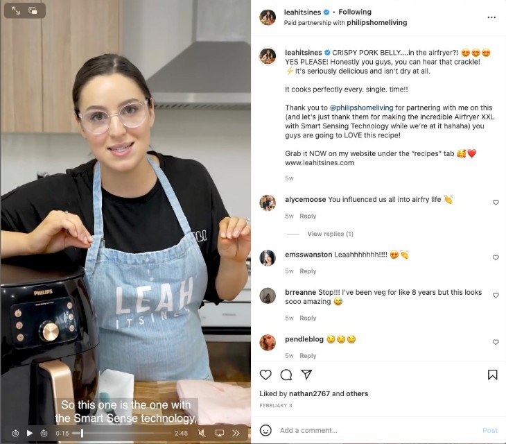 @leahitsines sharing a Reel with an air fryer on Instagram in partnership with PhilipsHomeLiving 