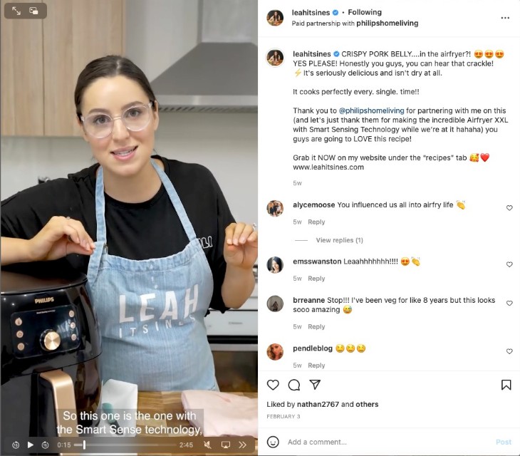 @leahitsines sharing a Reel with an air fryer on Instagram in partnership with PhilipsHomeLiving