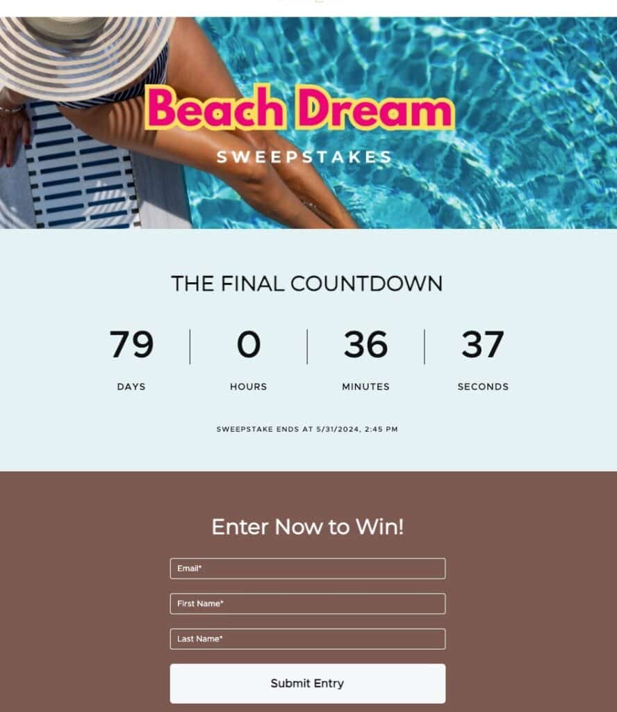 Example of a sweepstakes built with TINT's Experience Builder tool