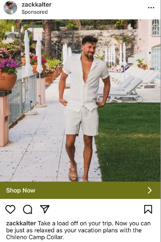 An influencer sponsored by a brand on Instagram. The post includes a "shop now" button. 