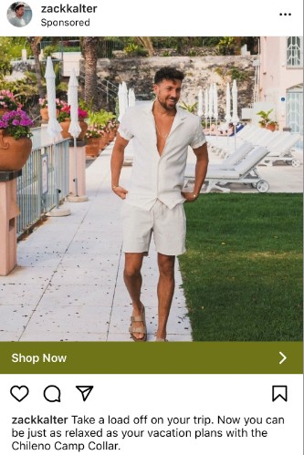 An influencer sponsored by a brand on Instagram. The post includes a "shop now" button.