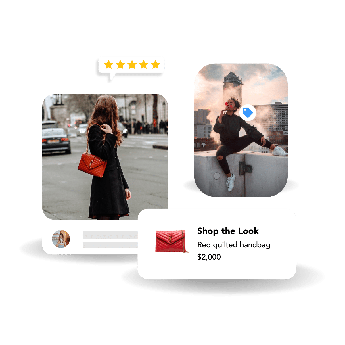 UGC of a woman wearing a red purse with a shoppable CTA to shop the look