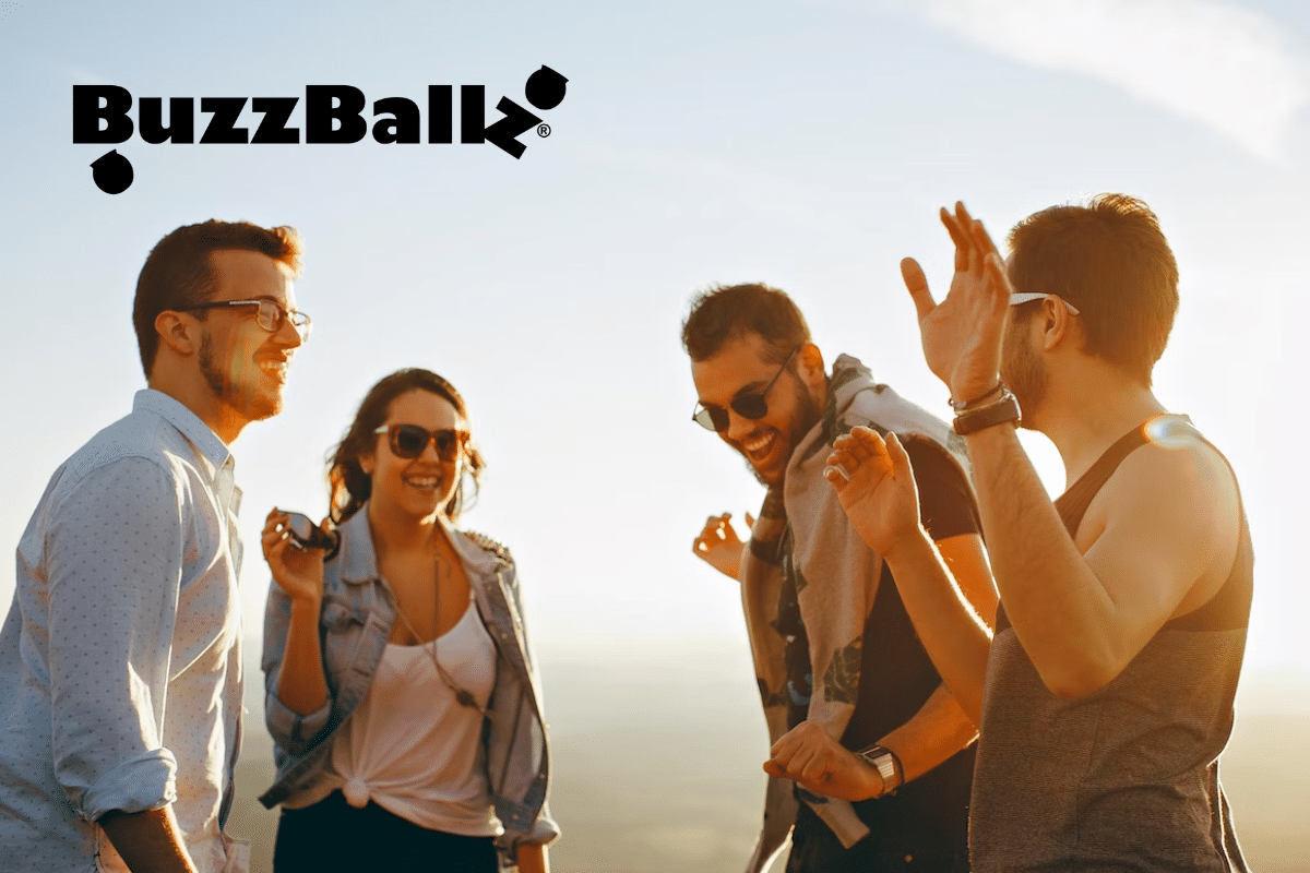 A group of friends with BuzzBallz on top