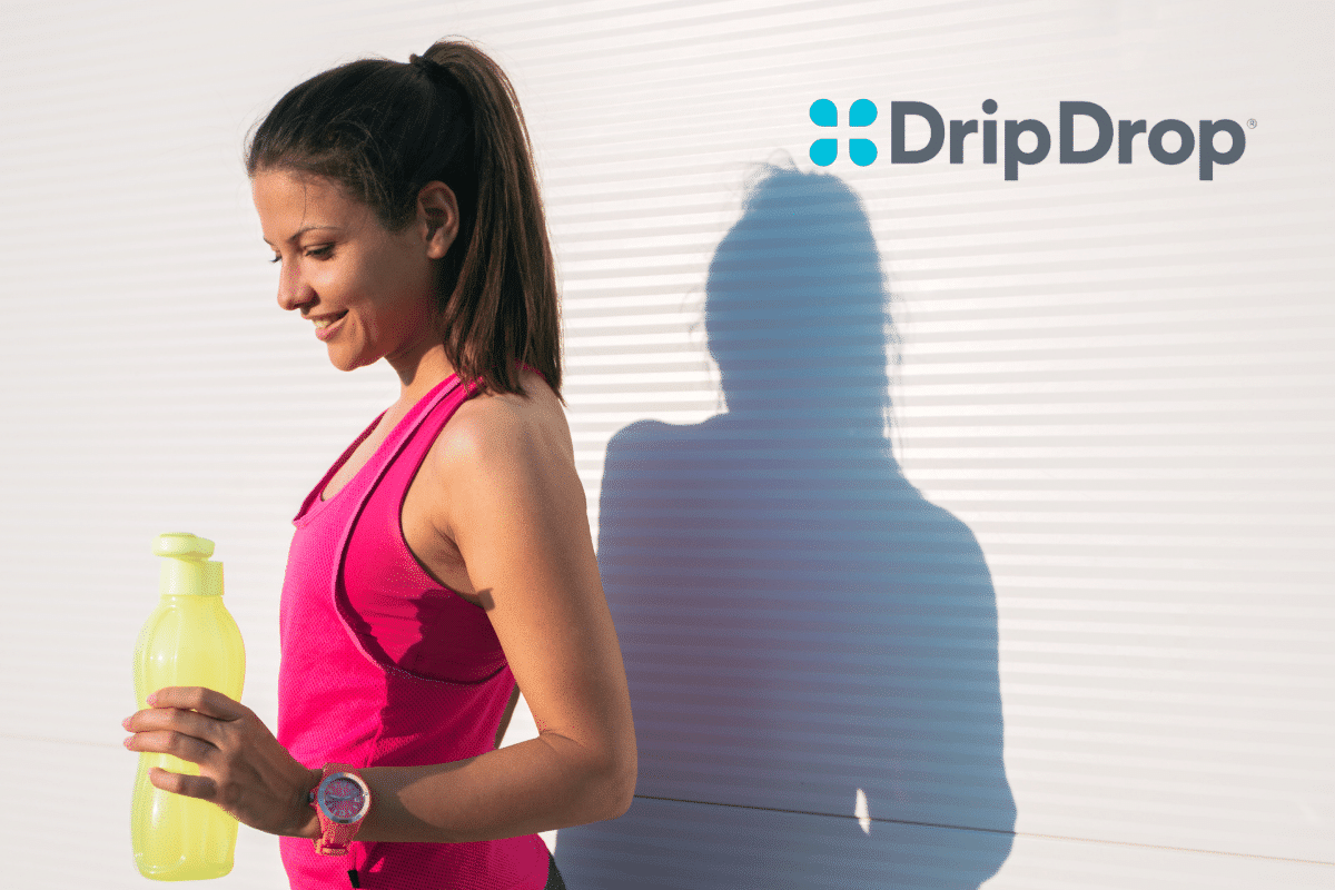 Workout woman alongside the Drip Drop logo